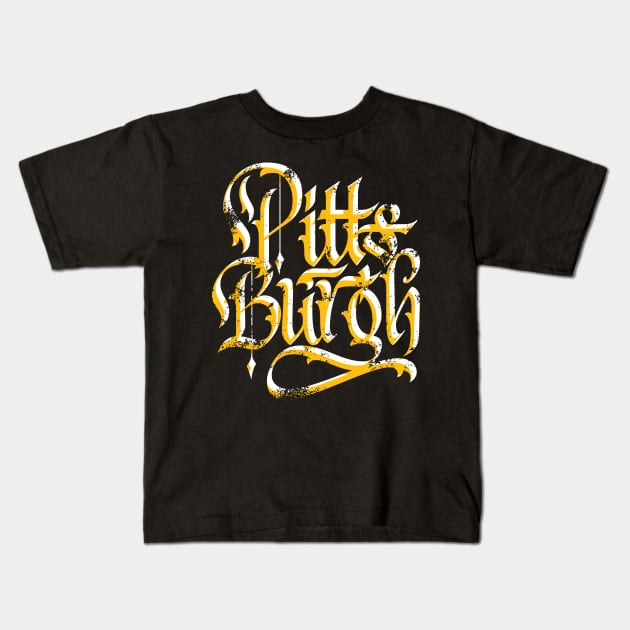 Pittsburgh Black and Yellow Calligraphy Script Kids T-Shirt by polliadesign